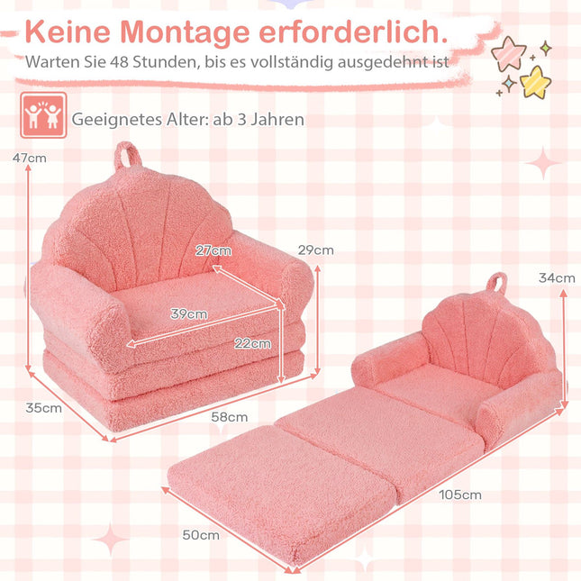 2-in-1 Kinder-Schlafsofa, Rosa Teddy-Stoff, klappbar