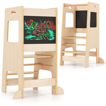 2 in 1 Kitchen Helper Learning Tower with 3 Adjustable Heights &amp; Chalkboard Step Stool Learning Chair Natural