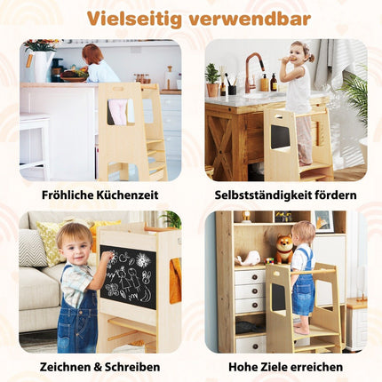 2 in 1 Kitchen Helper Learning Tower with 3 Adjustable Heights &amp; Chalkboard Step Stool Learning Chair Natural