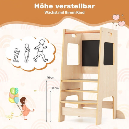 2 in 1 Kitchen Helper Learning Tower with 3 Adjustable Heights &amp; Chalkboard Step Stool Learning Chair Natural