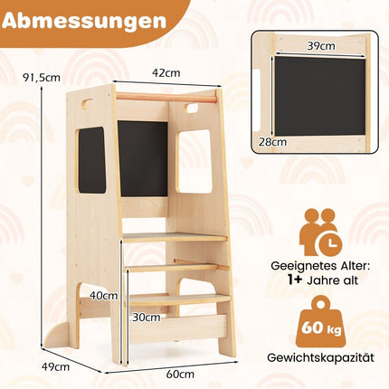 2 in 1 Kitchen Helper Learning Tower with 3 Adjustable Heights &amp; Chalkboard Step Stool Learning Chair Natural