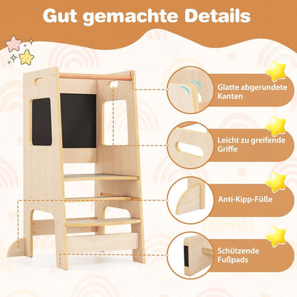 2 in 1 Kitchen Helper Learning Tower with 3 Adjustable Heights &amp; Chalkboard Step Stool Learning Chair Natural