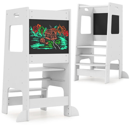 2-in-1 Küchenhelfer Lernturm mit 3 einstellbaren Höhen &amp; Tafel Tritthocker Lernstuhl Weiß