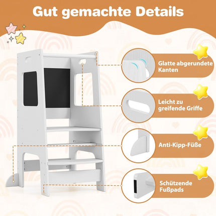 2-in-1 Küchenhelfer Lernturm mit 3 einstellbaren Höhen &amp; Tafel Tritthocker Lernstuhl Weiß