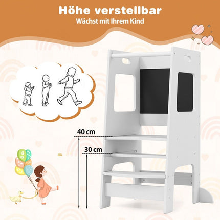 2-in-1 Küchenhelfer Lernturm mit 3 einstellbaren Höhen &amp; Tafel Tritthocker Lernstuhl Weiß