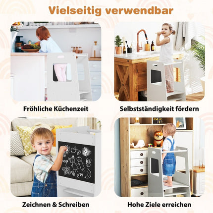 2-in-1 Küchenhelfer Lernturm mit 3 einstellbaren Höhen &amp; Tafel Tritthocker Lernstuhl Weiß