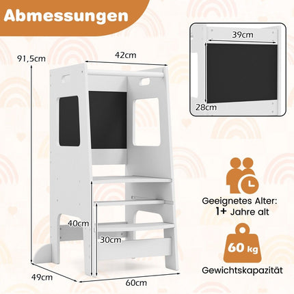 2-in-1 Küchenhelfer Lernturm mit 3 einstellbaren Höhen &amp; Tafel Tritthocker Lernstuhl Weiß