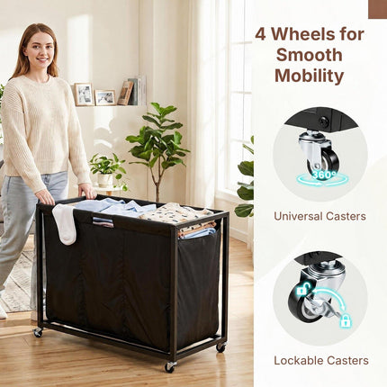 2-in-1 Laundry Basket Organizer with 3 Sections and Wheels, Rustic Brown