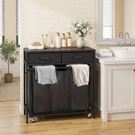2-in-1 Laundry Basket Organizer with 3 Sections and Wheels, Rustic Brown