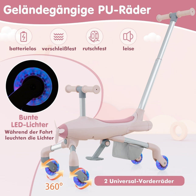 2-in-1 Rutschauto für Kinder, Flugzeugmotiv, Schiebeauto mit LED-beleuchteten Rädern, tragbar bis 50 kg, Rosa