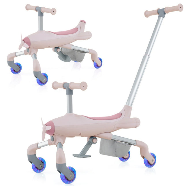 2-in-1 Rutschauto für Kinder, Flugzeugmotiv, Schiebeauto mit LED-beleuchteten Rädern, tragbar bis 50 kg, Rosa