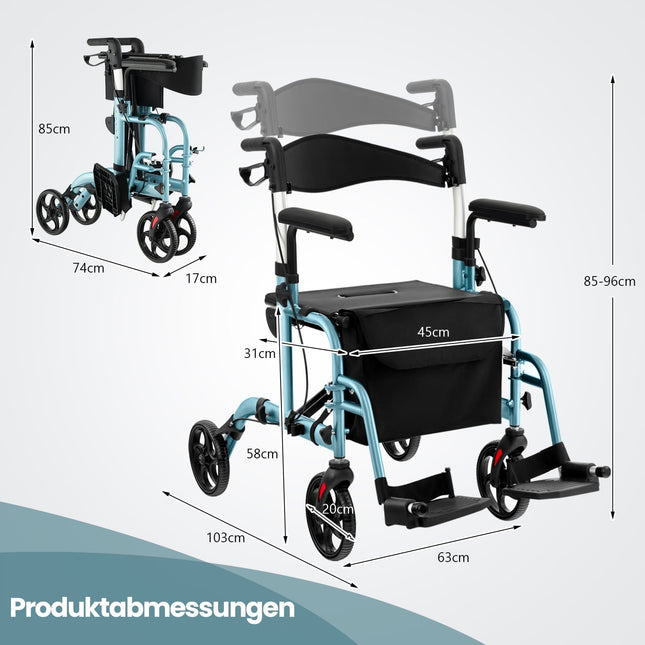 2-in-1 Rollator und Transportstuhl, blau, faltbar