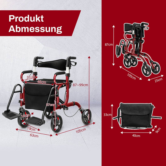 2-in-1 Rollator und Transportstuhl, faltbar, Rot