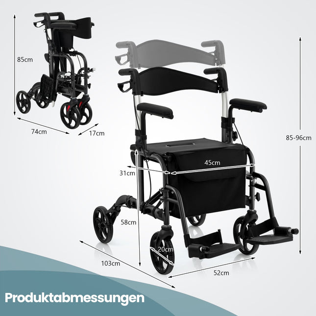 2-in-1 Rollator & Transportstuhl, faltbar, Schwarz