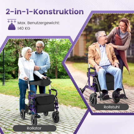 2-in-1 Rollator & Wheelchair, Foldable, 23cm Pneumatic Wheels