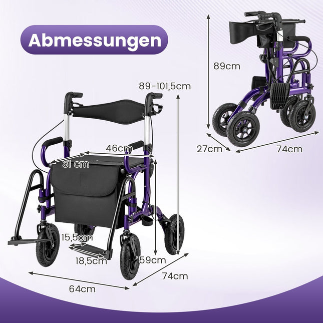 2-in-1 Rollator & Rollstuhl, faltbar, 23cm Luftbereifung