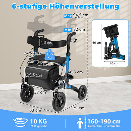 2v1 rolátor a invalidní vozík, sklápěcí, nosnost 136 kg