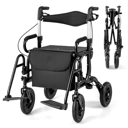 2-in-1 Rollator & Wheelchair, Lightweight, Foldable, Black