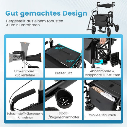 2-in-1 Rollator & Wheelchair, Lightweight, Foldable, Black