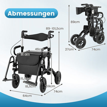 2-in-1 Rollator & Wheelchair, Lightweight, Foldable, Black