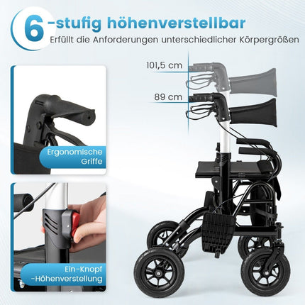 2-in-1 Rollator & Wheelchair, Lightweight, Foldable, Black