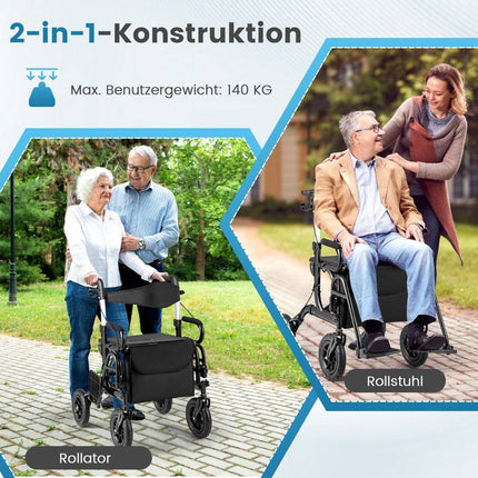 2-in-1 Rollator & Wheelchair, Lightweight, Foldable, Black