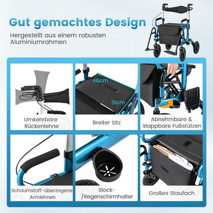 2-in-1 Rollator & Wheelchair, Pneumatic Tires, Foldable