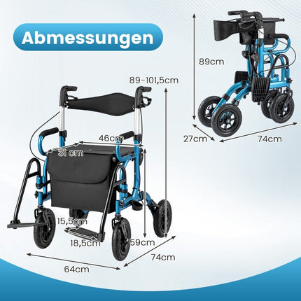 2-in-1 Rollator & Wheelchair, Pneumatic Tires, Foldable