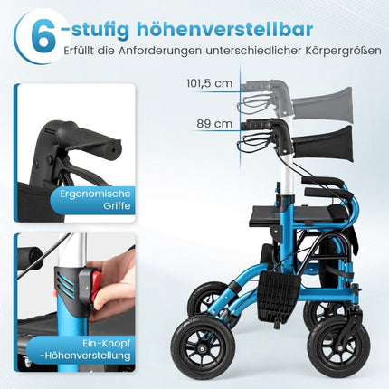 2-in-1 Rollator & Wheelchair, Pneumatic Tires, Foldable