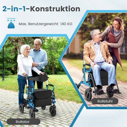 2-in-1 Rollator & Wheelchair, Pneumatic Tires, Foldable