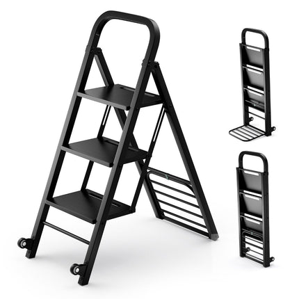 2 in 1 Sackkarre &amp; Trittleiter, faltbar, 2 Räder, Handwagen, Metall, Transportkarre, Schwarz
