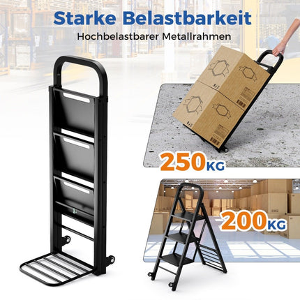 2 in 1 Sackkarre &amp; Trittleiter, faltbar, 2 Räder, Handwagen, Metall, Transportkarre, Schwarz