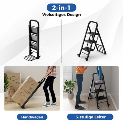 2 in 1 Sackkarre &amp; Trittleiter, faltbar, 2 Räder, Handwagen, Metall, Transportkarre, Schwarz