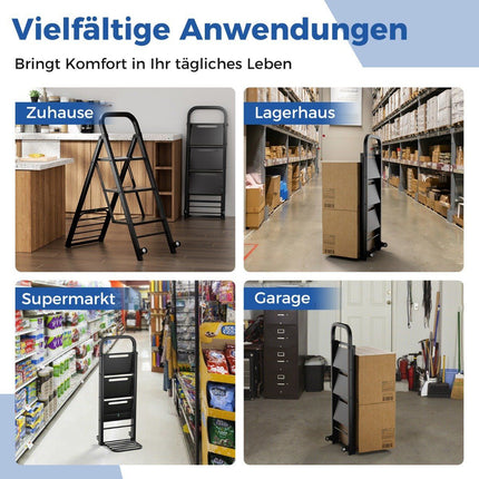 2 in 1 Sackkarre &amp; Trittleiter, faltbar, 2 Räder, Handwagen, Metall, Transportkarre, Schwarz