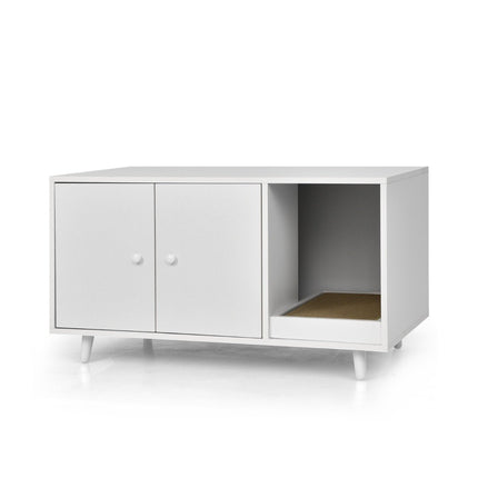 Table d'appoint et meuble pour chat 2 en 1 avec griffoir et bac à litière pour chat 90 x 50 x 50 cm Table basse blanche