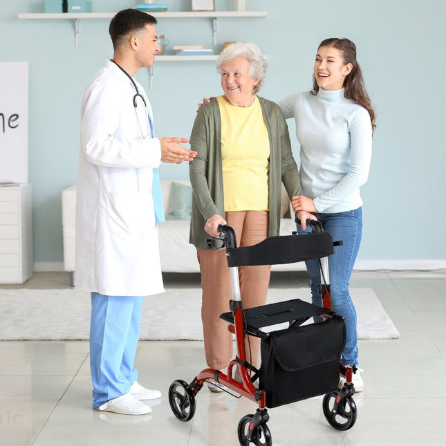 2-in-1 Reiserollator mit Sitz &amp; Tasche &amp; Stockhalter, faltbar &amp; leicht, Rot