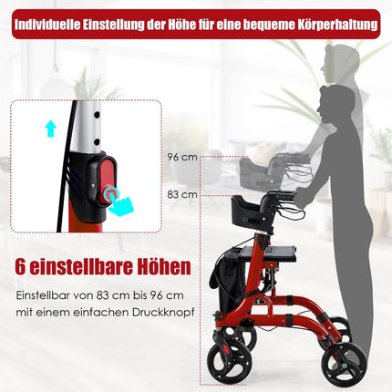 2-in-1 Reiserollator mit Sitz &amp; Tasche &amp; Stockhalter, faltbar &amp; leicht, Rot