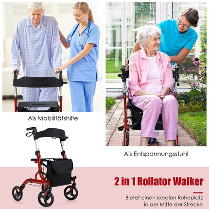 2-in-1 Reiserollator mit Sitz &amp; Tasche &amp; Stockhalter, faltbar &amp; leicht, Rot