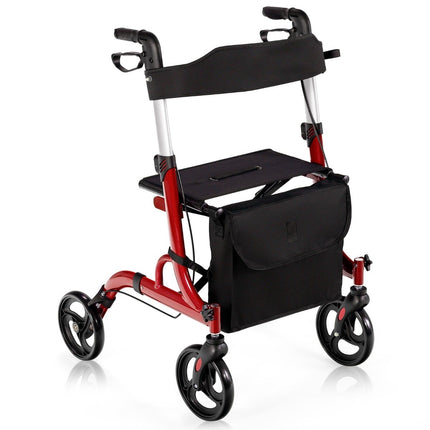 2-in-1 Reiserollator mit Sitz &amp; Tasche &amp; Stockhalter, faltbar &amp; leicht, Rot