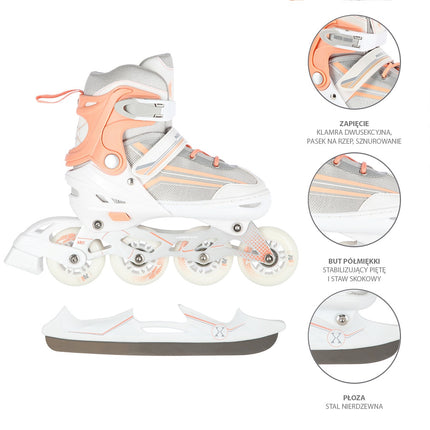 2-in-1 White/Pink Inline & Ice Skates, Size L (39-43)