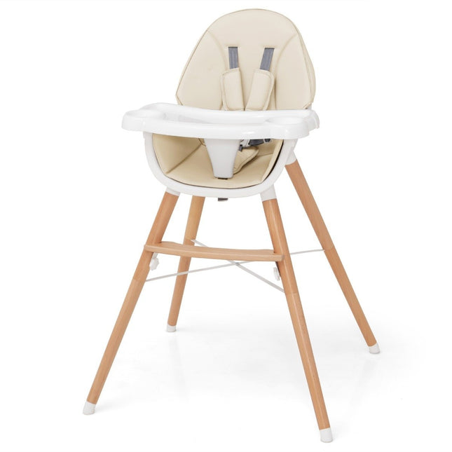 2 in 1 Babyhochstuhl aus Buchenholz mit 5-Punkt-Sicherheitsgurt &amp; Doppeltablett beige