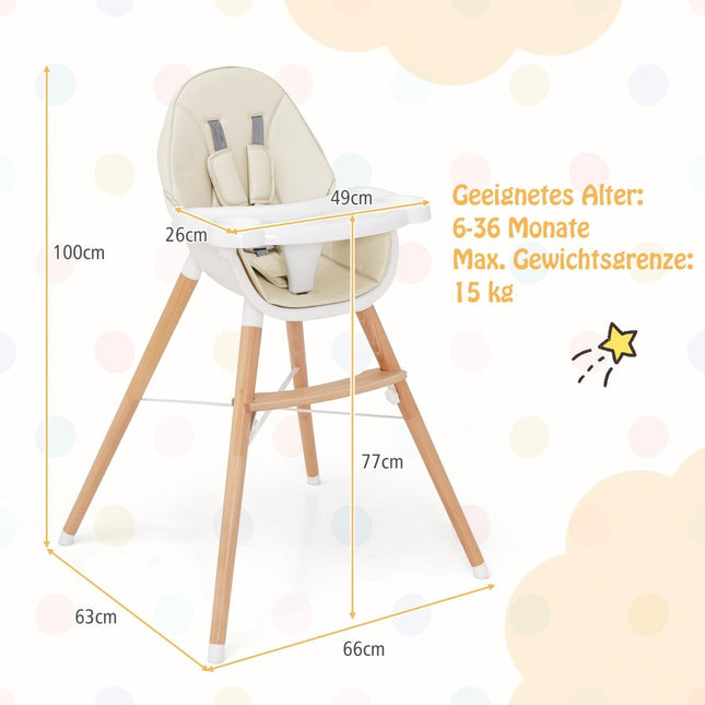 2 in 1 Babyhochstuhl aus Buchenholz mit 5-Punkt-Sicherheitsgurt &amp; Doppeltablett beige