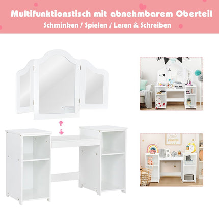 2 in 1 Kinder Schminktisch Schreibtisch mit Spiegel 107 × 40 × 117 cm weiß