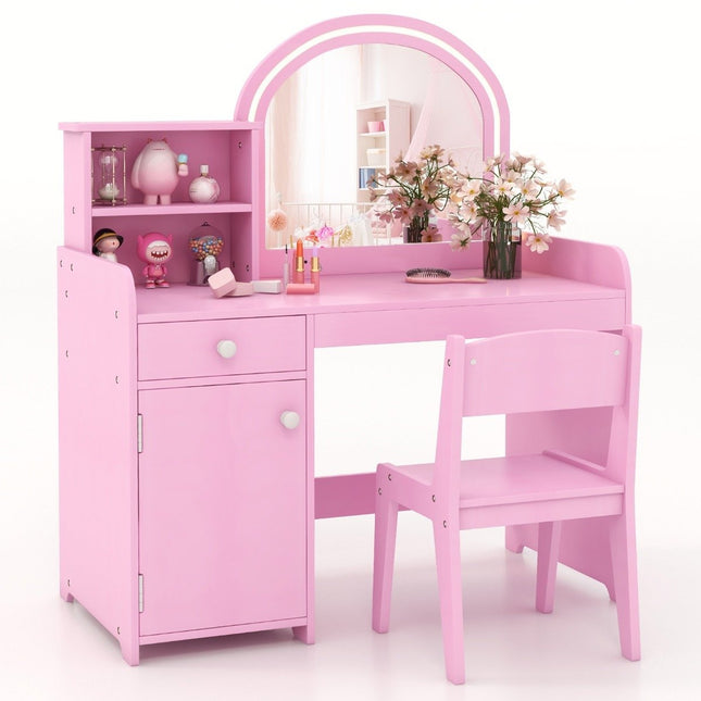 2 in 1 Kinder Schminktisch Set mit Hocker &amp; LED Lichter &amp; Spiegel &amp; Schublade Kosmetiktisch rosa