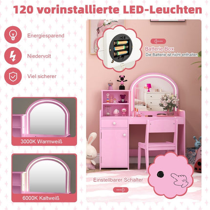 2 in 1 Kinder Schminktisch Set mit Hocker &amp; LED Lichter &amp; Spiegel &amp; Schublade Kosmetiktisch rosa