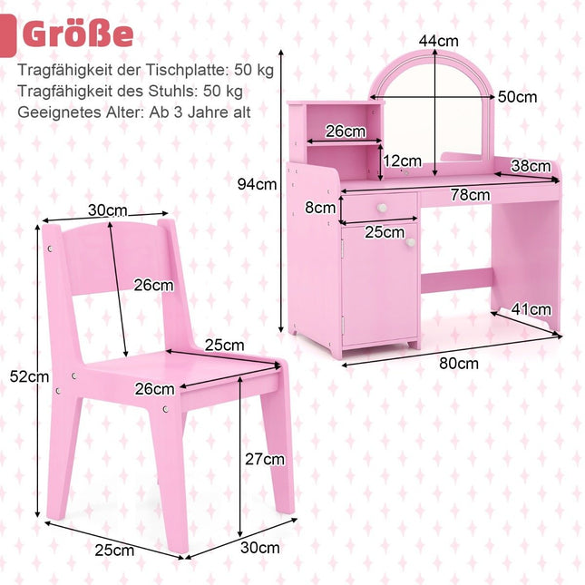 2 in 1 Kinder Schminktisch Set mit Hocker &amp; LED Lichter &amp; Spiegel &amp; Schublade Kosmetiktisch rosa