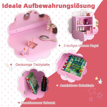2 in 1 Kinder Schminktisch Set mit Hocker &amp; LED Lichter &amp; Spiegel &amp; Schublade Kosmetiktisch rosa