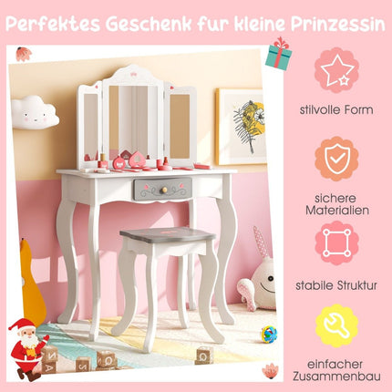 2 in 1 Kinderschminktisch + Hocker mit Klappspiegel &amp; Schublade &amp; Zubehör