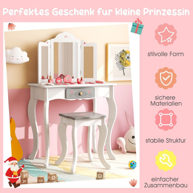 2 in 1 Kinderschminktisch + Hocker mit Klappspiegel &amp; Schublade &amp; Zubehör