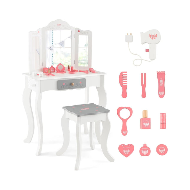 2 in 1 Kinderschminktisch + Hocker mit Klappspiegel &amp; Schublade &amp; Zubehör